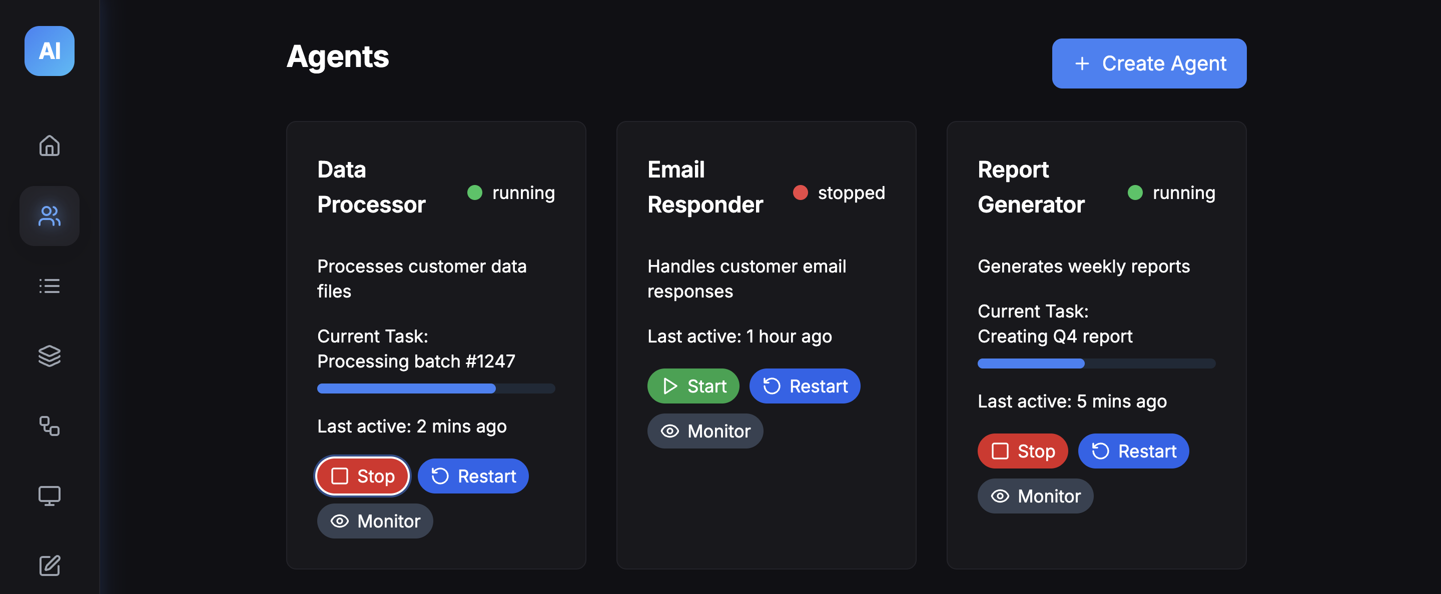 Screenshot of AI Agent Dashboard interface
